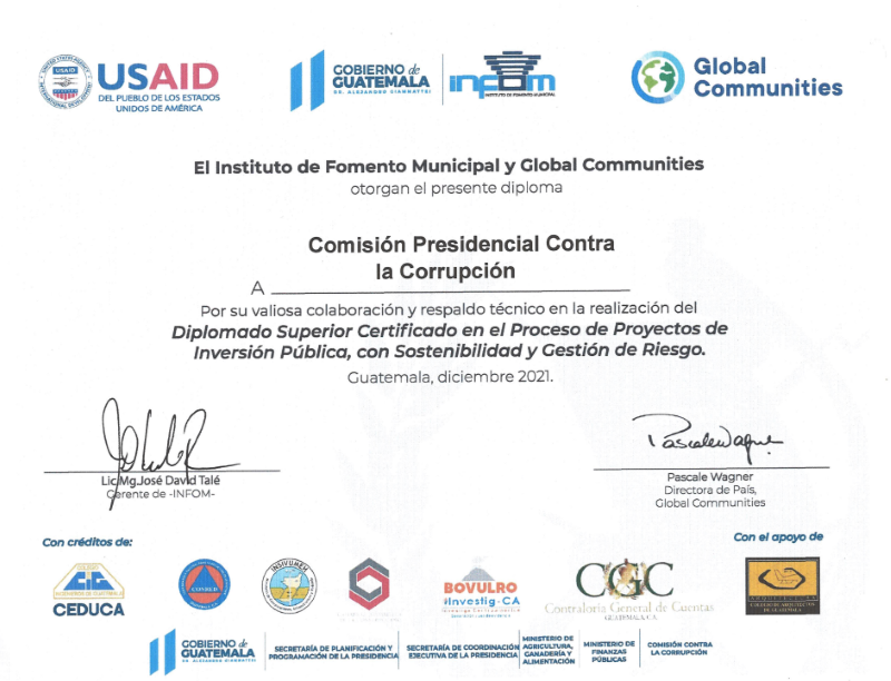 Reconocimiento otorgado a la CPCC por el respaldo técnico y su valiosa participación en el diplomado impartiendo temas para prevenir la corrupción.