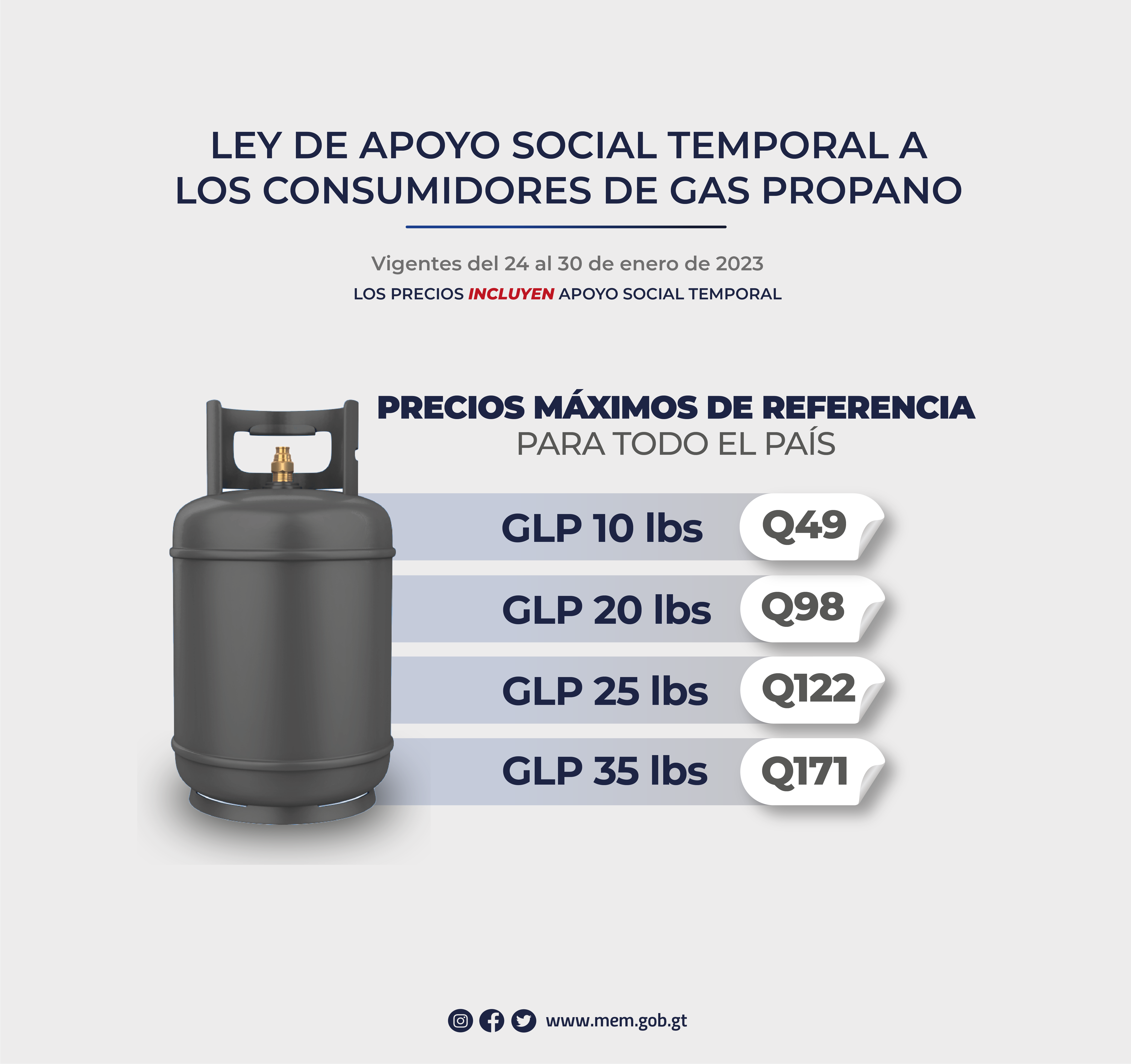Precios máximos de referencia al consumidor de gas propano con apoyo social vigentes del 24 al 30 de enero de 2023