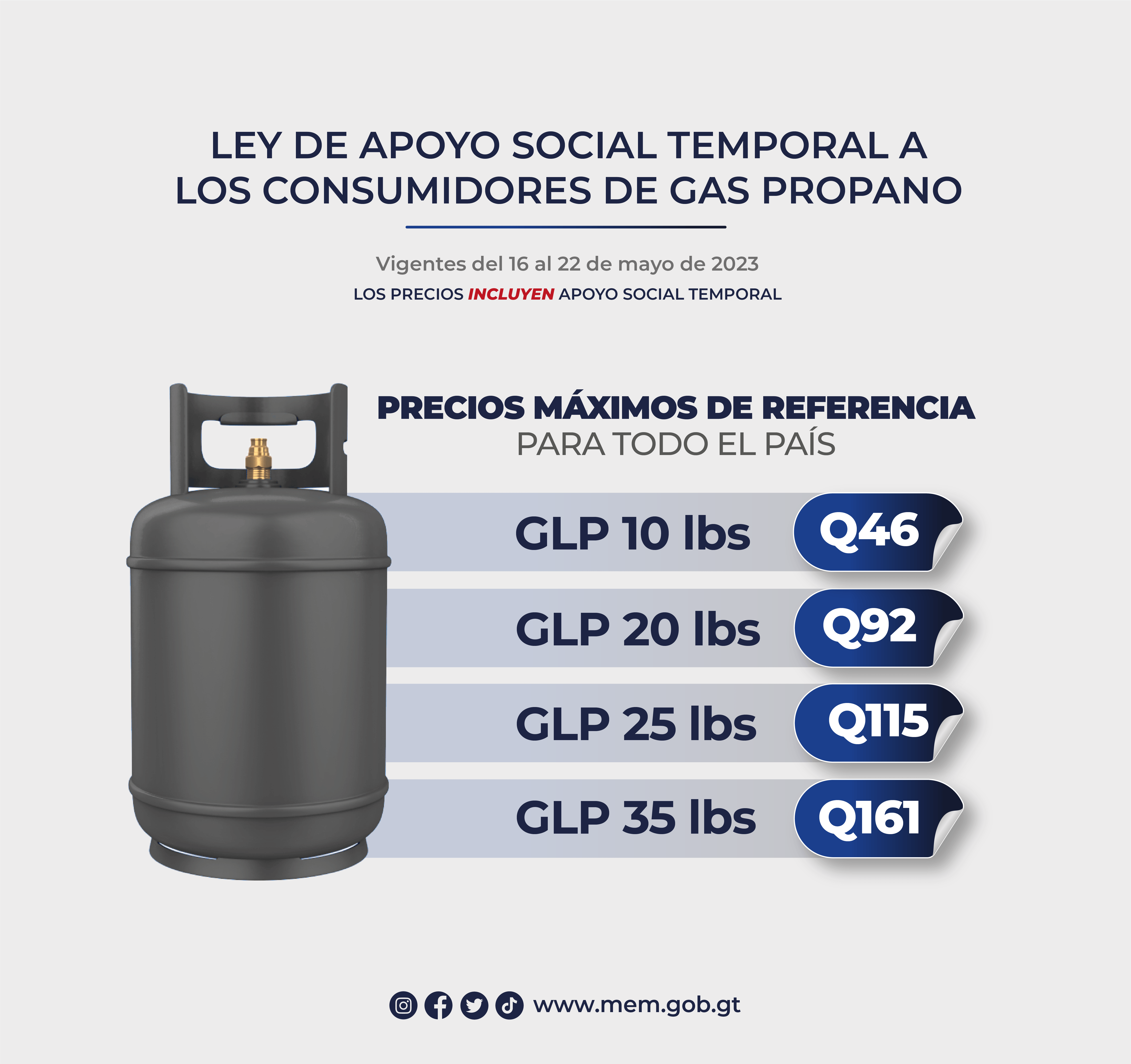 Precios máximos de referencia al consumidor de gas propano con apoyo social temporal vigentes del 16 al 22 de mayo de 2023