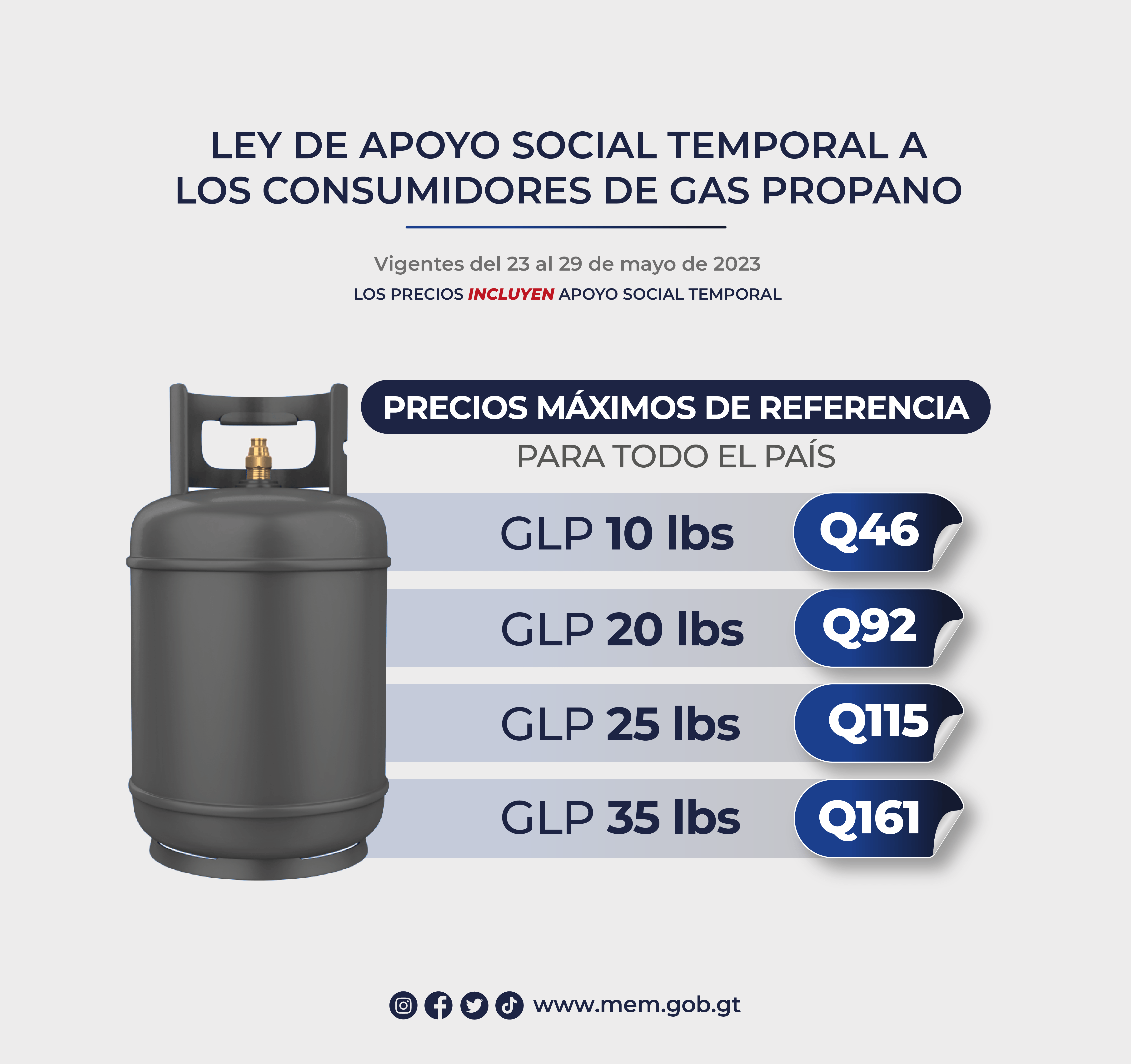 Precios máximos de referencia al consumidor de gas propano con apoyo social temporal vigentes del 23 al 29 de mayo de 2023