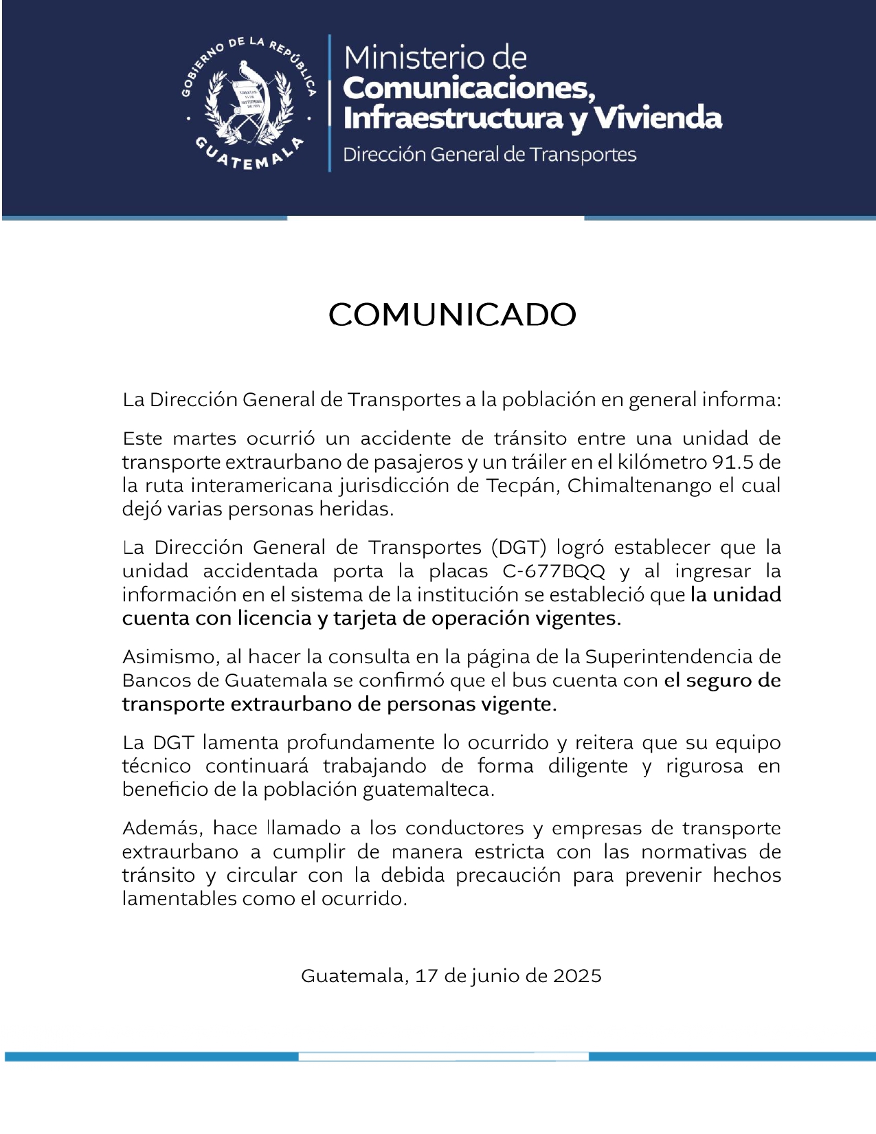 La Dirección General de Transportes a la población en general informa: