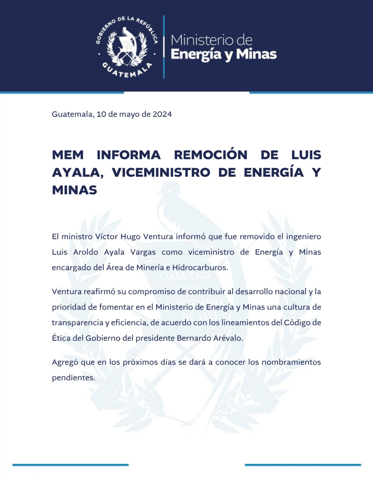MEM informa remoción de Luis Ayala, viceministro de Energía y Minas