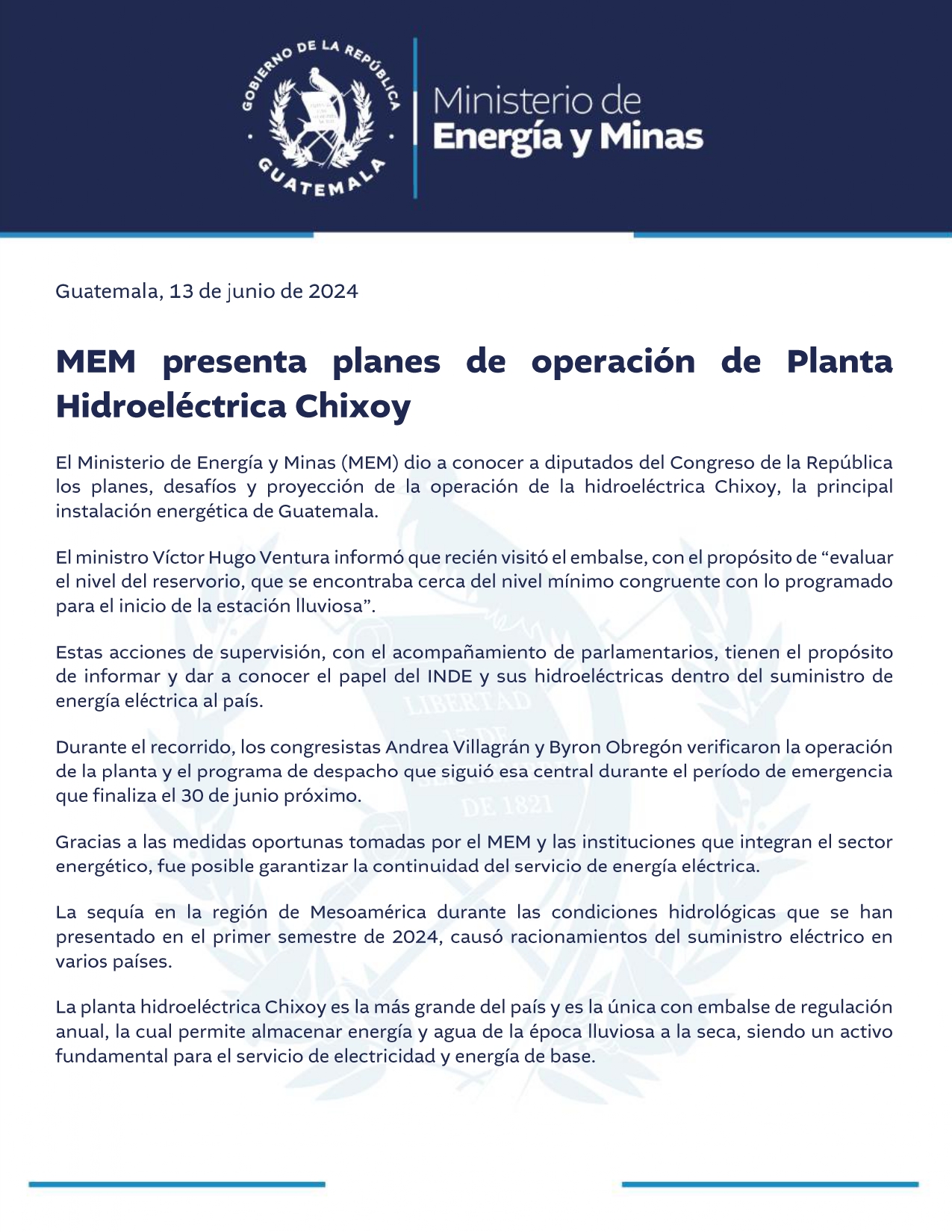 MEM presenta planes de operación de Planta Hidroeléctrica Chixoy