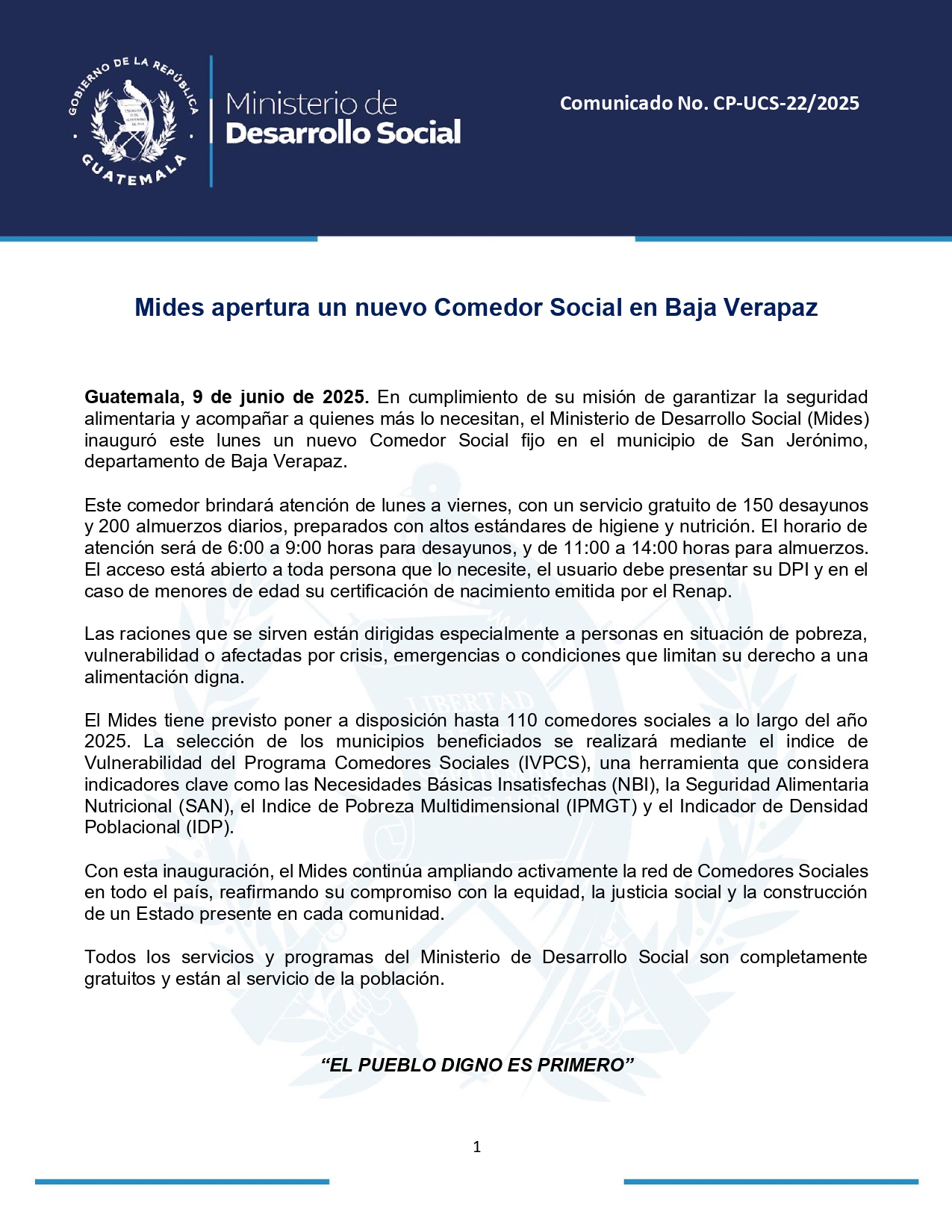 Mides apertura un nuevo Comedor Social en Baja Verapaz