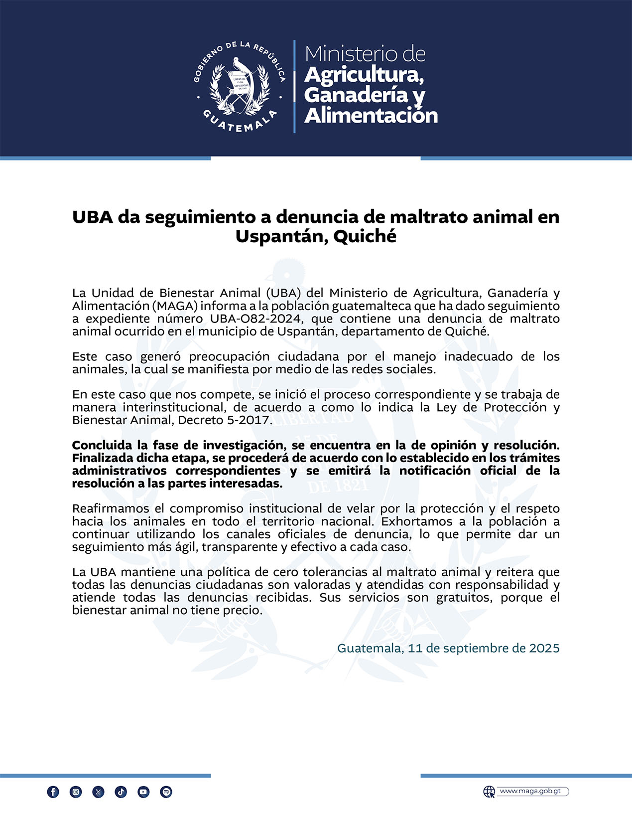 UBA da seguimiento a denuncia de maltrato animal en Uspantán, Quiché