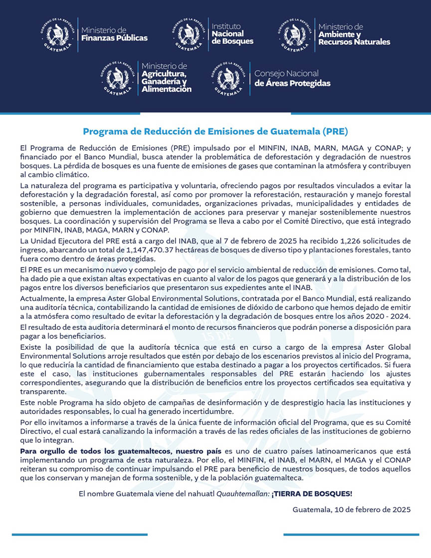Comunicado 2-2025 | Programa de Reducción de Emisiones de Guatemala (PRE)
