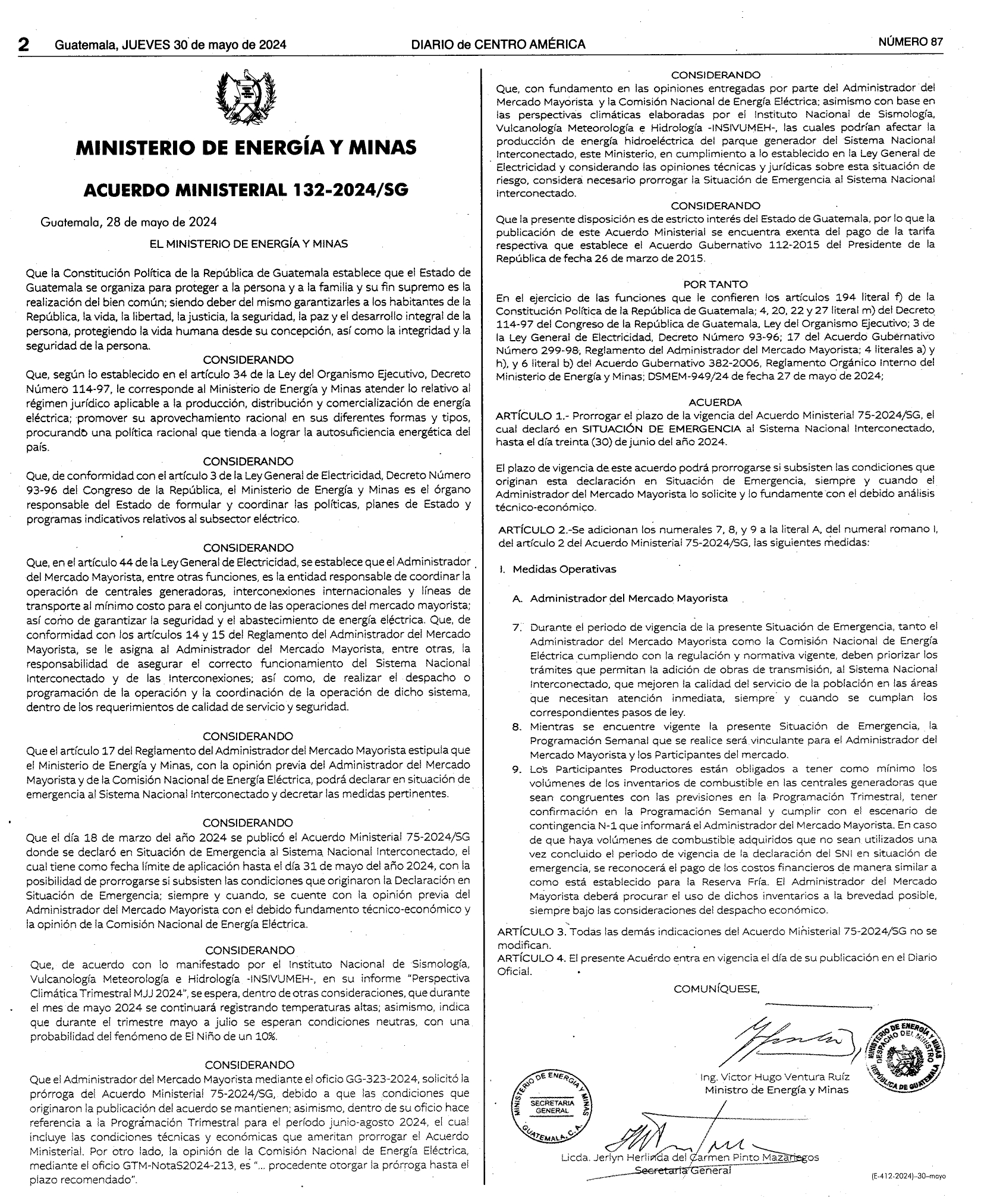 MEM prorroga acuerdo que declara situación de emergencia en el sistema Nacional Interconectado