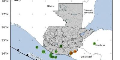 Localización geográfica de eventos sísmicos en las últimas horas. Fuente: INSIVUMEH.