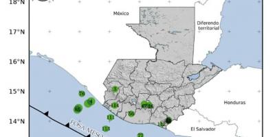 Localización geográfica de 114 sismos registrados en las últimas horas. Fuente: INSIVUMEH. 