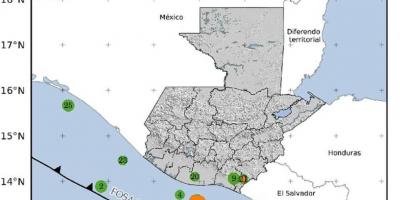 Localización geográfica de los 25 eventos sísmicos registrados en las últimas horas. Fuente: INSIVUMEH.