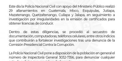 PNC y MP realizaron 29 allanamientos en seguimiento a investigación por irregularidades en la emisión de certificados para obtener licencias de conducir