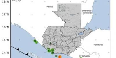 Localización geográfica de los 16 eventos sísmicos registrados en las últimas horas. Fuente: INSIVUMEH.