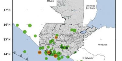 Localización geográfica de los 93 eventos sísmicos registrados en la semana. Fuente: INSIVUMEH.
