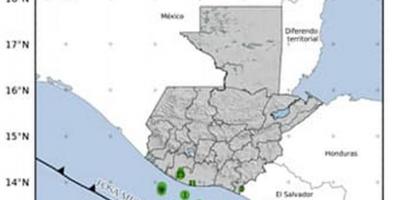 Localización geográfica de los 13 eventos sísmicos registrados en las últimas horas. Fuente: INSIVUMEH.