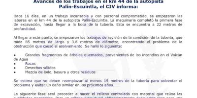 Hace 16 días, en un trabajo incansable y con personal comprometido, se empezaron las labores en el km 44 de la autopista Palín-Escuintla. La maquinaria completó la primera fase de excavación, hasta llegar a la boca de la tubería. Esta se encuentra a 22 metros de profundidad.