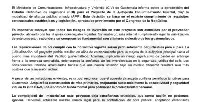 El Ministerio de Comunicaciones, Infraestructura y Vivienda (CIV) de Guatemala informa sobre la aprobación del Estudio Definitivo de Ingeniería (EDI) para el Proyecto de la Autopista Escuintla-Puerto Quetzal, bajo la modalidad de alianza público privada (APP). 