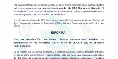 Las lluvias históricas que continúan en todo el país y el nulo mantenimiento a la infraestructura vial por gobiernos anteriores han provocado que la ruta CA-9 Sur se vea afectada. El Ministerio de Comunicaciones, Infraestructura y Vivienda (CIV) trabaja a tope en atender esta y otras emergencias, pero su capacidad se ve rebasada.