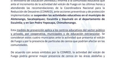 Ministerio de Educación suspende clases en los municipios de Alotenango, Escuintla, Siquinalá y San Pedro Yepocapa para este lunes 10 de marzo de 2025