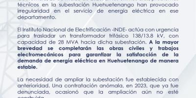 El INDE trabaja para trasladar un transformador trifásico 138/13.8 kV, con capacidad de 28 MVA. 