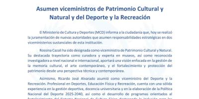 Asumen viceministros de Patrimonio Cultural y Natural y del Deporte y la Recreación