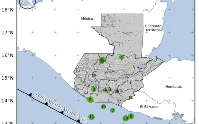 Localización geográfica de 18 sismos en las últimas horas. Fuente: INSIVUMEH.