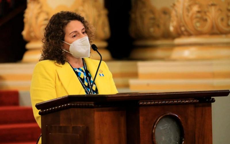 La Viceministra de Integración y Comercio Exterior, Edith de Molina, se dirige a periodistas que cubren la fuente del Ejecutivo, en el Salón Banderas, del Palacio Nacional de la Cultura.