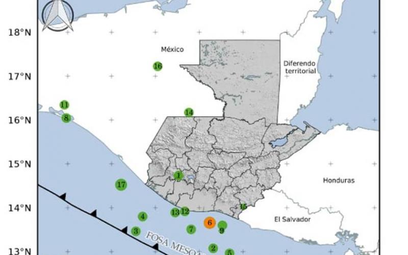 Localización geográfica de 17 eventos sísmicos registrados en las últimas horas. Fuente: INSIVUMEH.