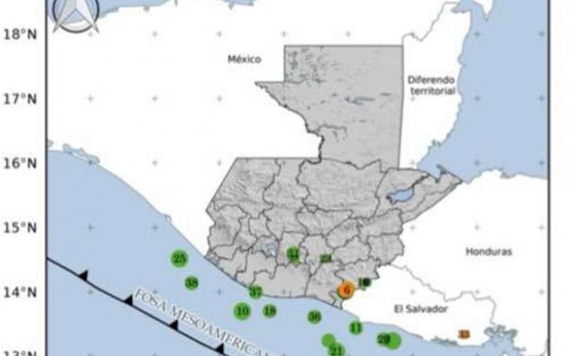 Localización geográfica de eventos sísmicos en las últimas horas. Fuente: INSIVUMEH.