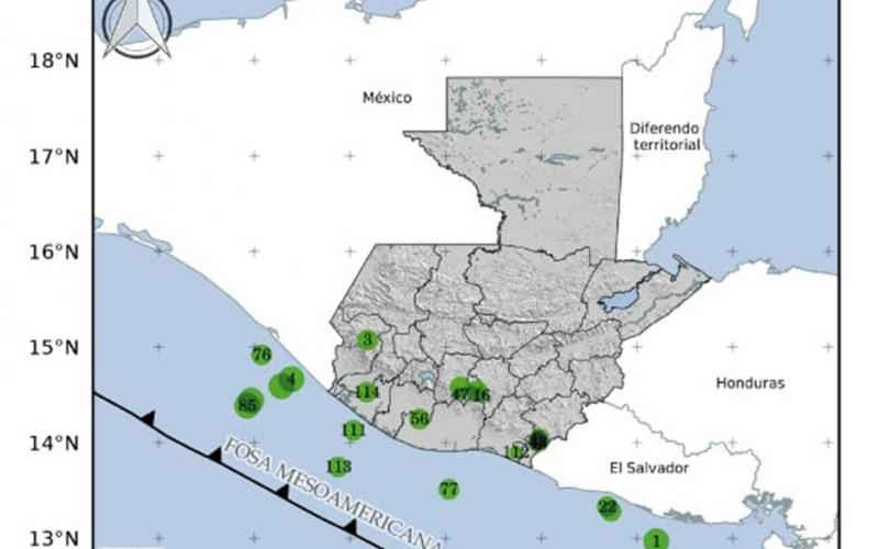 Localización geográfica de 114 sismos registrados en las últimas horas. Fuente: INSIVUMEH. 