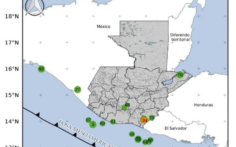 Localización geográfica de los 84 eventos sísmicos registrados en las últimas horas. Fuente: INSIVUMEH.