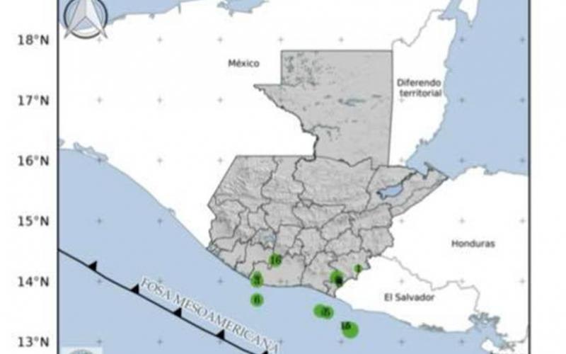 Localización de 16 sismos en las últimas horas. Fuente: INSIVUMEH.