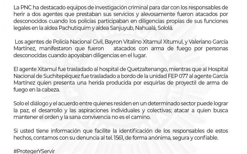 Comunicado: Dos agentes heridos en sector de Nahualá, Sololá