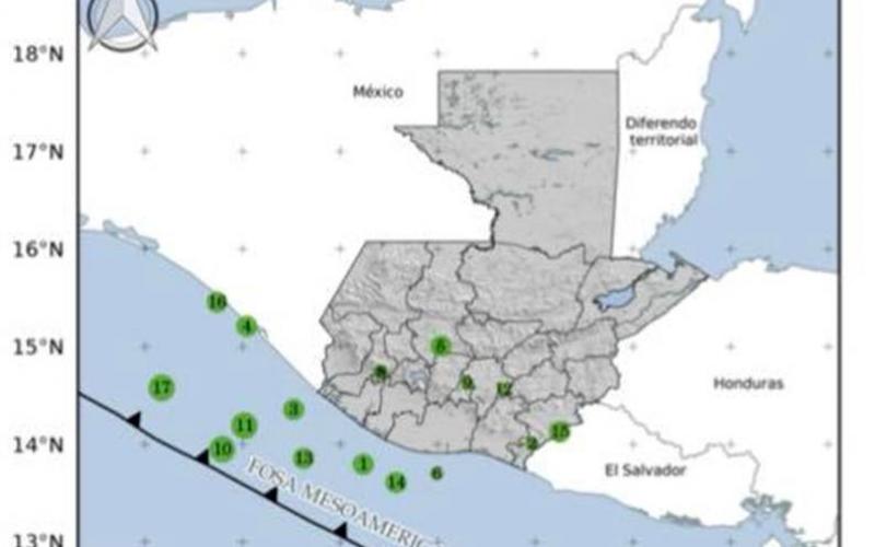 Localización geográfica de los 17 eventos sísmicos (no sensibles) registrados en las últimas horas. Fuente: INSIVUMEH.