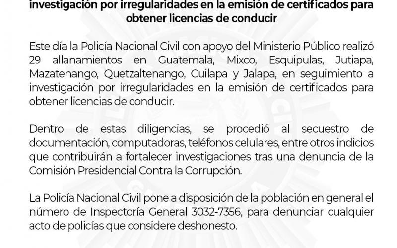 PNC y MP realizaron 29 allanamientos en seguimiento a investigación por irregularidades en la emisión de certificados para obtener licencias de conducir