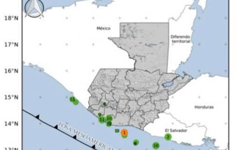 Localización geográfica de los 16 eventos sísmicos registrados en las últimas horas. Fuente: INSIVUMEH.