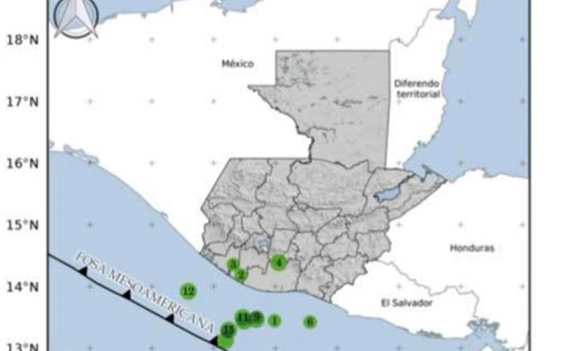 Localización geográfica de los 15 eventos sísmicos registrados en las últimas horas. Fuente: INSIVUMEH.