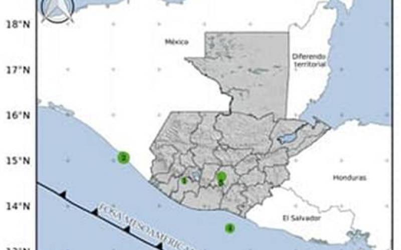 Localización geográfica de los 5 eventos sísmicos registrados en las últimas horas. Fuente: INSIVUMEH.