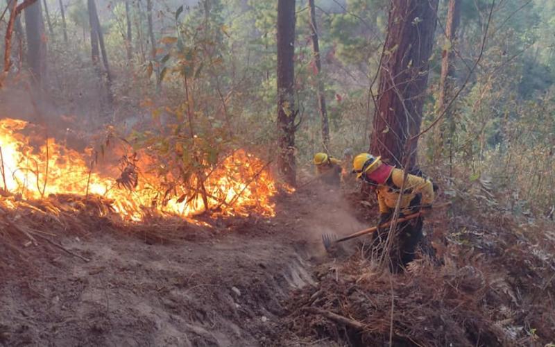 Brigada de Respuesta a Incendios Forestales –BRIF/GUA- de la CONRED controla un incendio forestal en el departamento de Quiché.