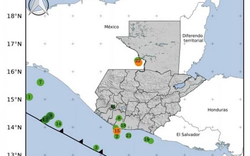 Localización geográfica de los 22 eventos sísmicos registrados en las últimas horas. Fuente: INSIVUMEH.