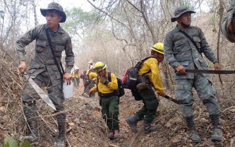 Ejército de Guatemala apoya interinstitucionalmente para controlar incendio en Cerro Huexque, Chiquimula
