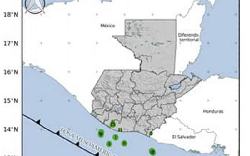 Localización geográfica de los 13 eventos sísmicos registrados en las últimas horas. Fuente: INSIVUMEH.