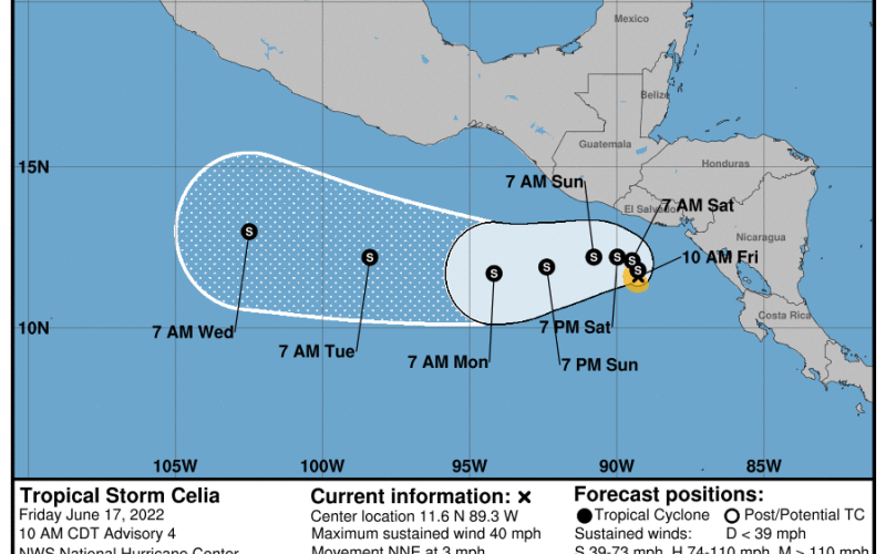 Pronóstico de la trayectoria de la Tormenta Tropical Celia. Fuente: NHC.