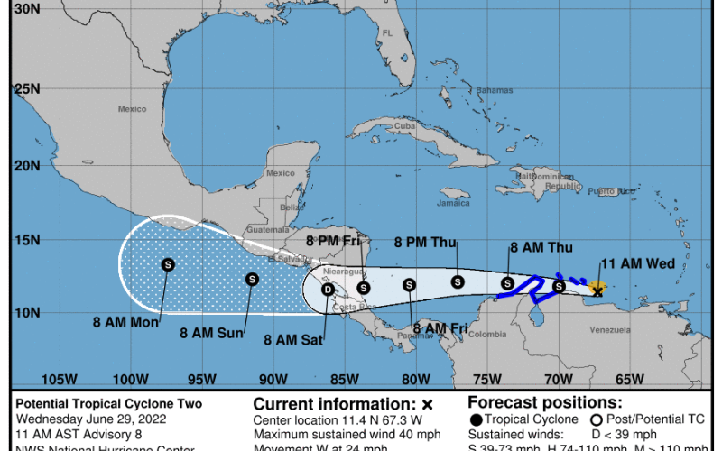 Pronóstico de la trayectoria del Ciclón Tropical Dos. Fuente: NHC.