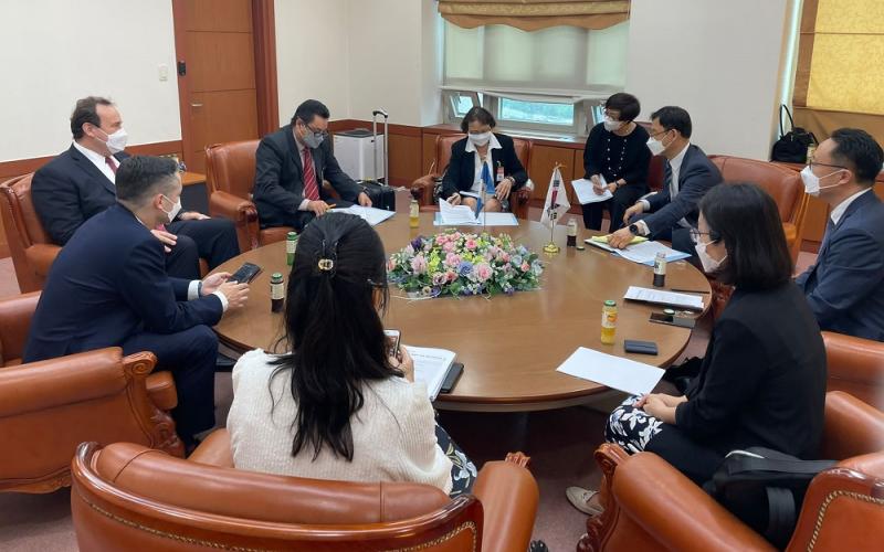 La Viceministra de Integración y Comercio Exterior, María Luisa Flores, durante su reunión con funcionarios del Ministerio de Economía de Corea..