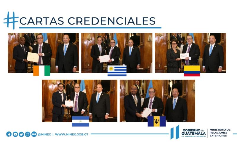 Embajadores de Barbados, Colombia, Côte d'Ivoire, Nicaragua y Uruguay presentan Cartas Credenciales al presidente de Guatemala