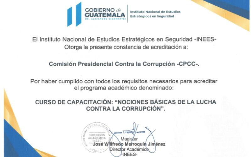 Reconocimiento otorgado a la CPCC por haber cumplido con los requisitos necesarios para acreditar el programa académico del curso de Nociones básicas de la lucha contra la corrupción. 