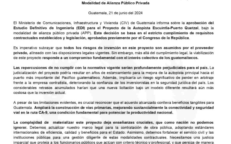 El Ministerio de Comunicaciones, Infraestructura y Vivienda (CIV) de Guatemala informa sobre la aprobación del Estudio Definitivo de Ingeniería (EDI) para el Proyecto de la Autopista Escuintla-Puerto Quetzal, bajo la modalidad de alianza público privada (APP). 