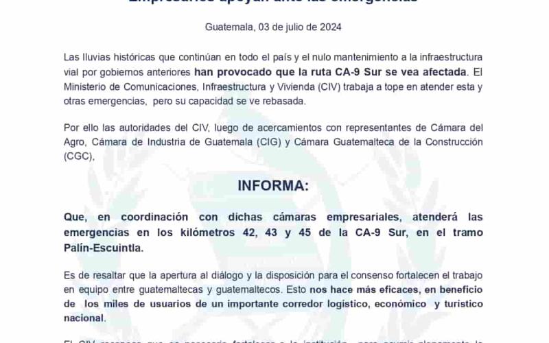Las lluvias históricas que continúan en todo el país y el nulo mantenimiento a la infraestructura vial por gobiernos anteriores han provocado que la ruta CA-9 Sur se vea afectada. El Ministerio de Comunicaciones, Infraestructura y Vivienda (CIV) trabaja a tope en atender esta y otras emergencias, pero su capacidad se ve rebasada.