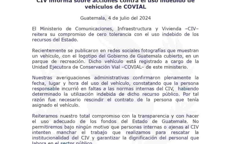 El Ministerio de Comunicaciones, Infraestructura y Vivienda –CIV– reitera su compromiso de cero tolerancia con el uso indebido de los recursos del Estado.