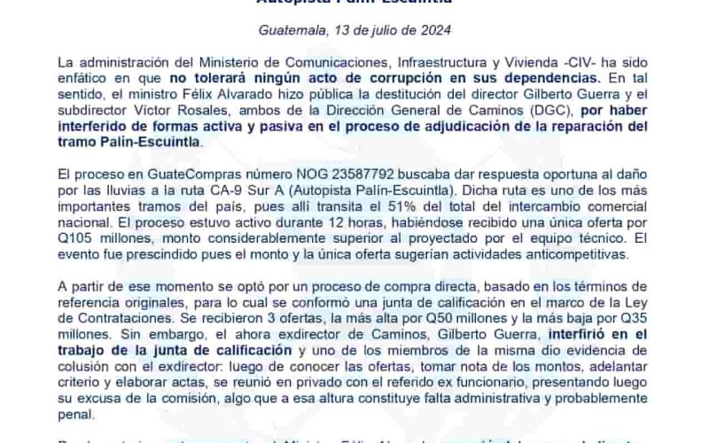 La administración del Ministerio de Comunicaciones, Infraestructura y Vivienda -CIV- ha sido enfático en que no tolerará ningún acto de corrupción en sus dependencias.